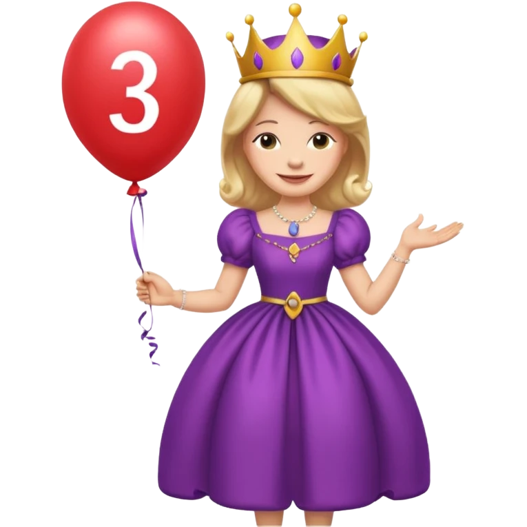 queen wearing dress, holding balloon in shape of number 3 emoji