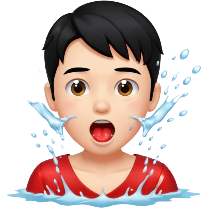 a peach splashing water in boy's mouth above his head with black hair and red dress emoji