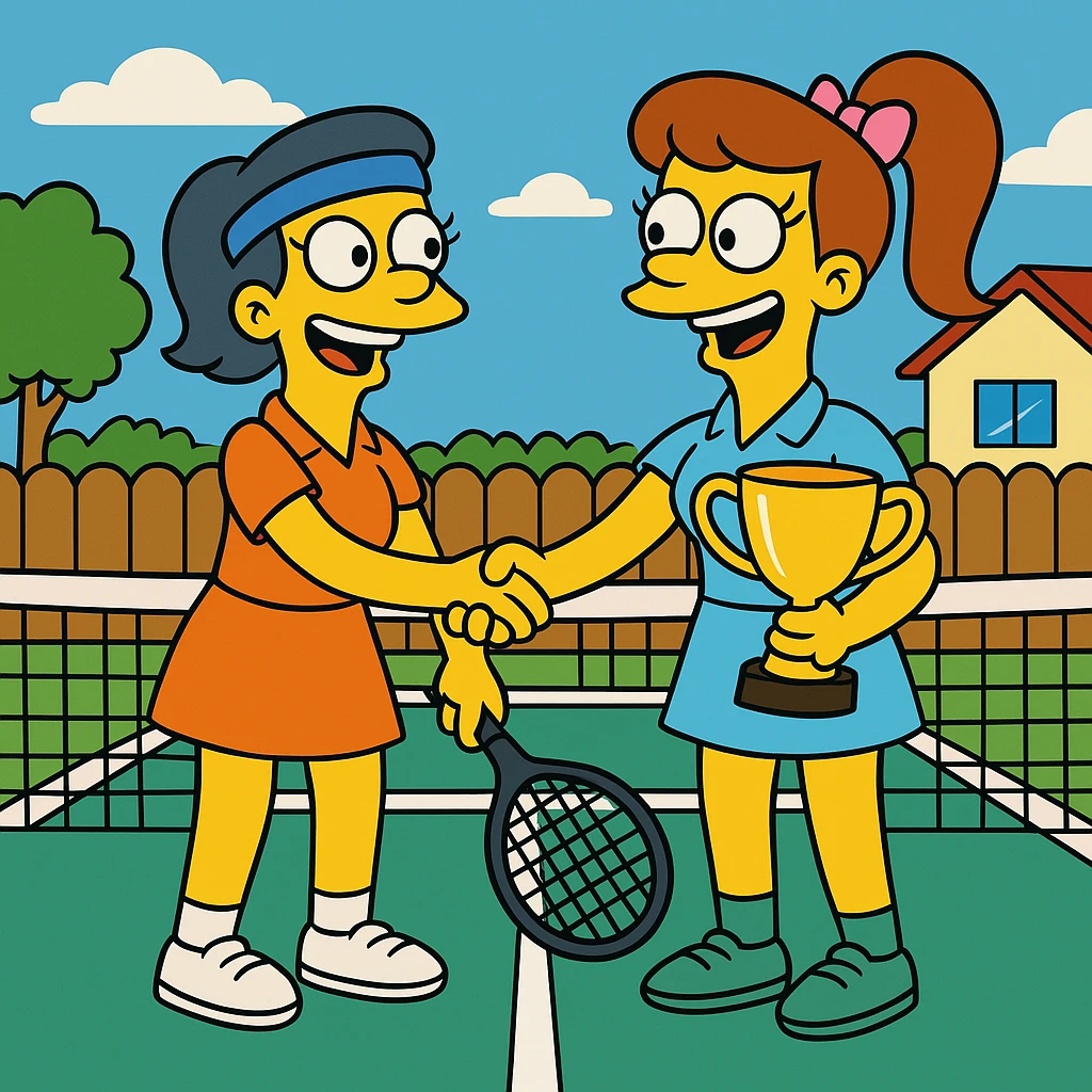  2 female tennis players standing on tennis courte. Congratulating each other shaking hands and smiling, one of them is holding a cup for winning.  emoji