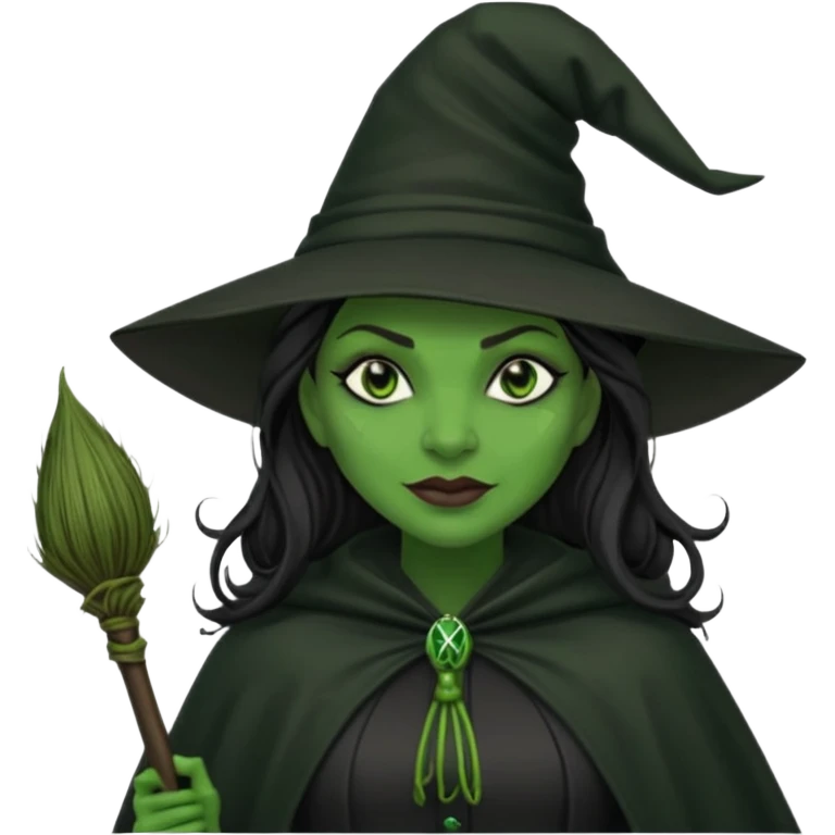 elphaba wicked witch with broom close up, evil dark coily long dark hair, green skin, thick green lips, cheekbones, smirk evil menacing cythia erivo dark aesthetic black hat cloak black broom emoji