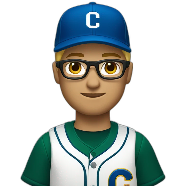 Blonde male short hair with glasses Dark green baseball uniform with hat Blue eyes and with "C" on the hat. Crop from shoulders up emoji