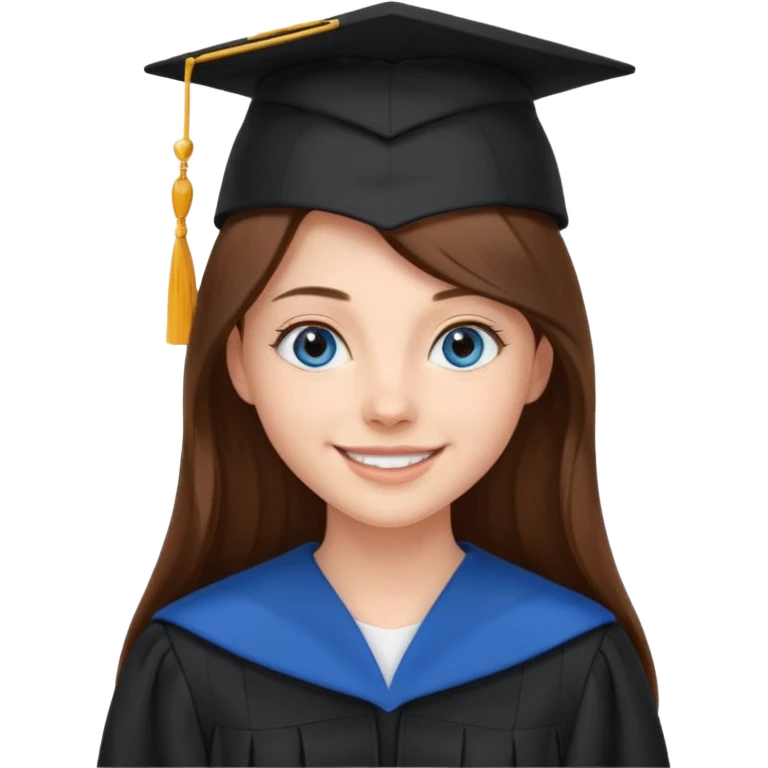 school graduation with a pretty female graduating student with long brown hair, blue eyes emoji