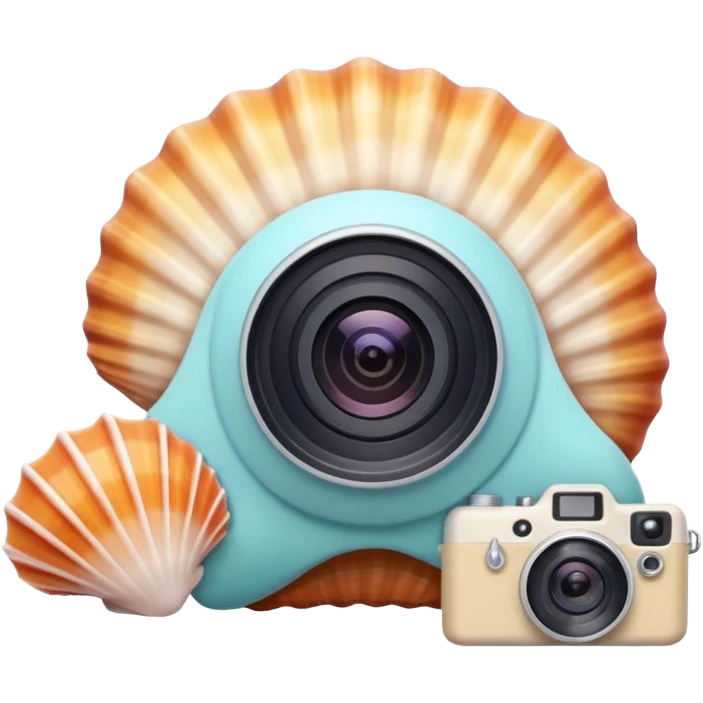 A seashell with a tiny camera next to it, symbolizing capturing beach memories. Playful, modern emoji style, soft pastel colors, white background. emoji