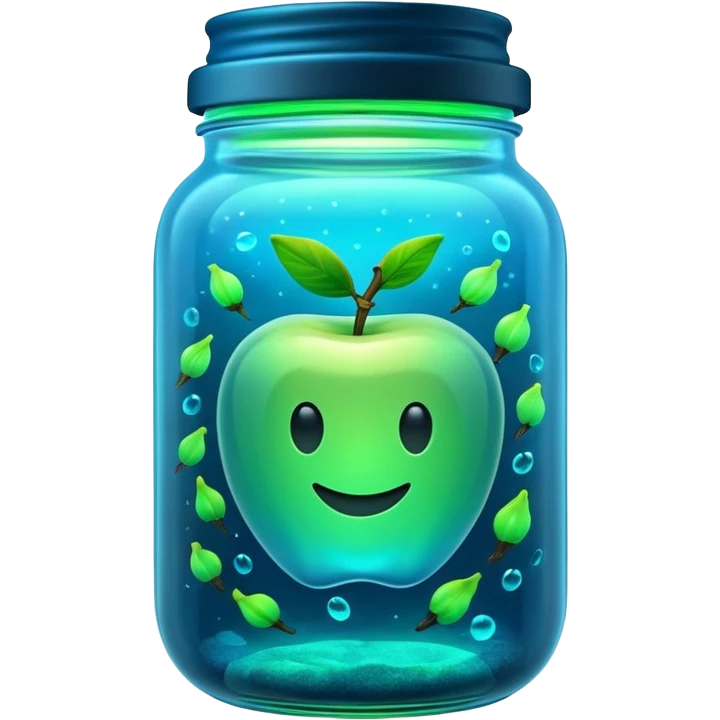 3D render of Firefly Jar, bioluminescent deep sea style, glowing neon blue and green lights, dark background to contrast the glow, translucent organic textures, Apple emoji style. emoji