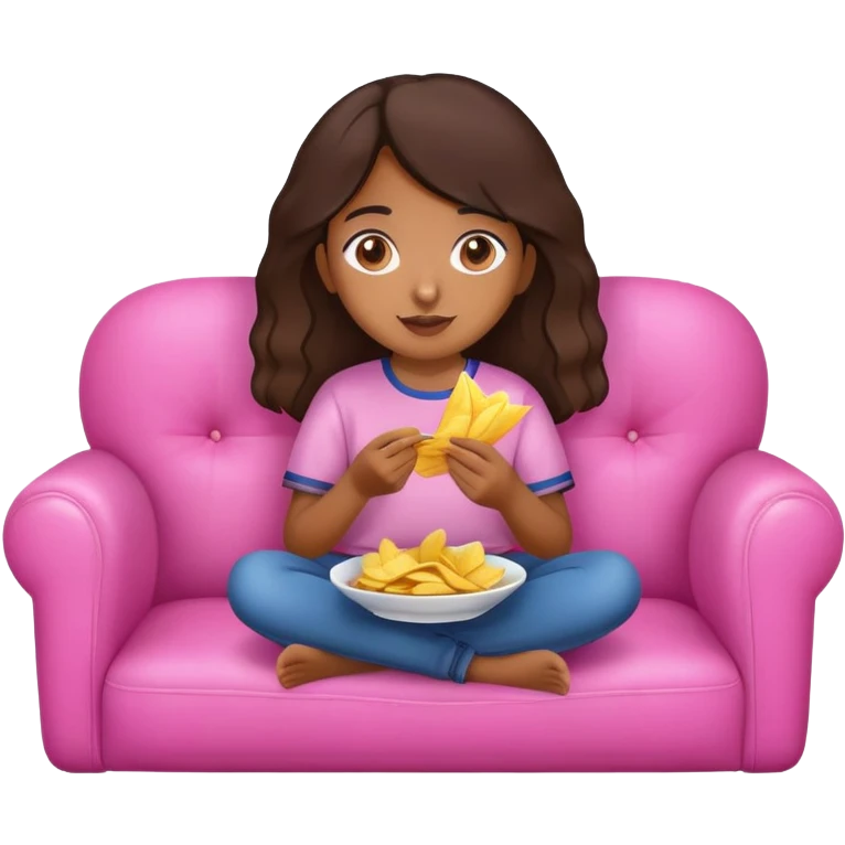 home brown girl with plate of chips, sitting at the pink sofa emoji