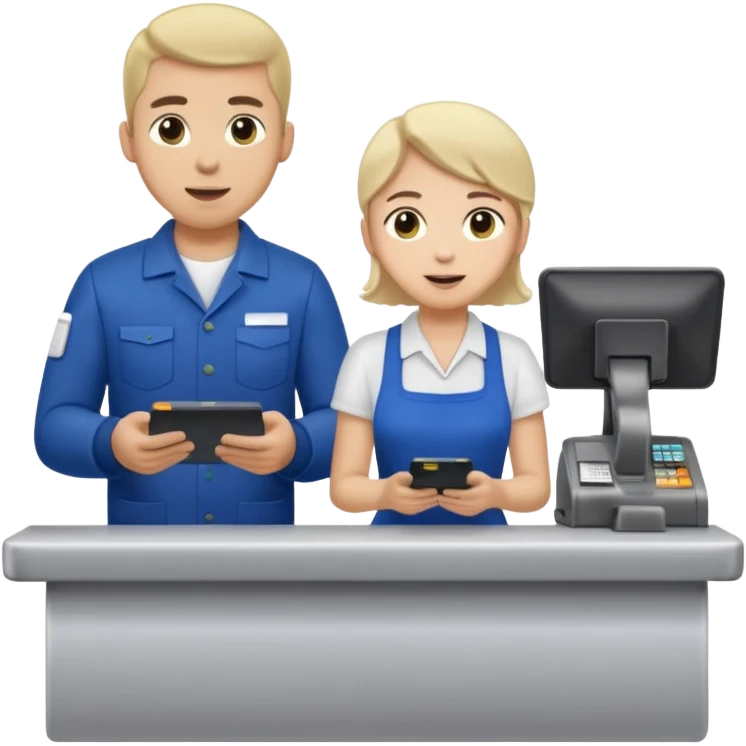 Supermarket employee at a cash register, full body, serving a man surprised emoji