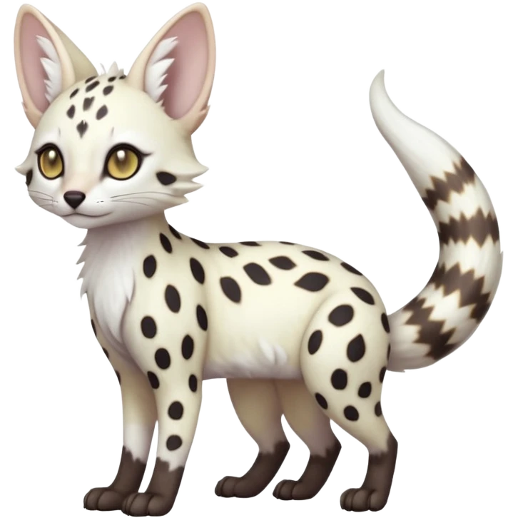 White Albino grey-spotted Serval-Civet-Genet-Trico-Furret-Linoone-Fakémon-Pokémon-animal-hybrid-fusion-creature (full body) with vibrant glowing eyes, cute, elegant, soft, realistic, pastel fur emoji
