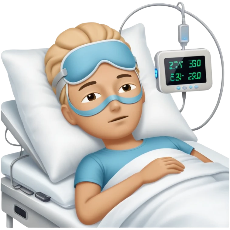 Sleep laboratory with sleep monitoring equipment, bed with person sleeping, brain wave monitors emoji
