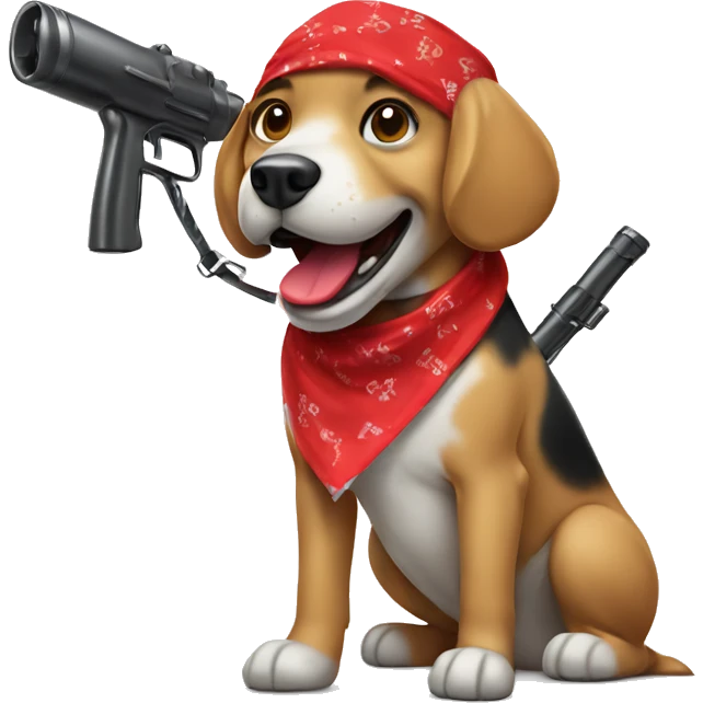 Dog with a red bandana and sharp teeth with a paintball gun emoji
