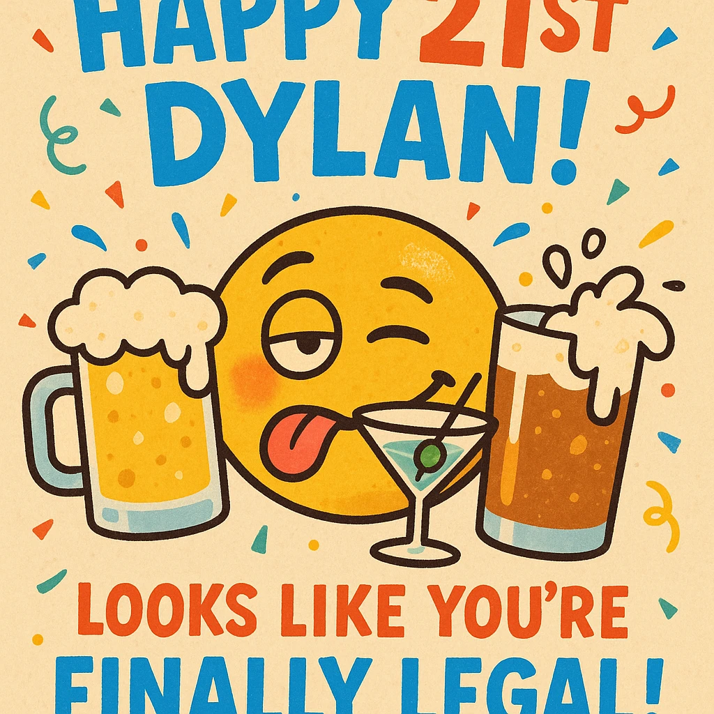 Funny 21st birthday card for Dylan featuring a tipsy emoji, overflowing drinks, headline 'Happy 21st Dylan!', confetti, bold playful fonts, and a joke about finally being legal. emoji