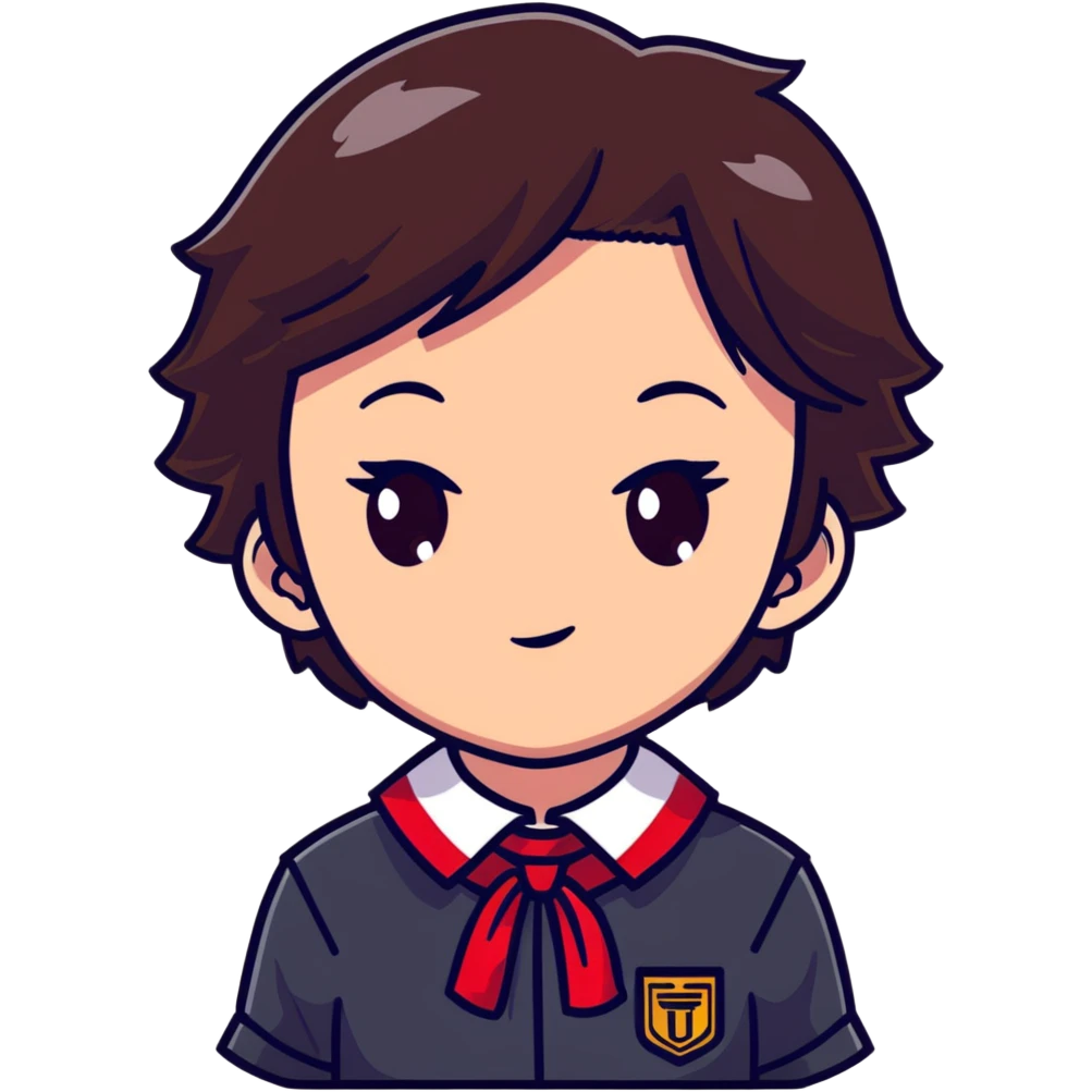 Ayanokoji with cold, expressionless face, sharp brown eyes, dark brown hair, red school uniform, serious vibe emoji