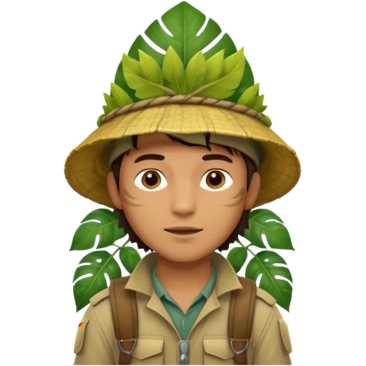 a young man explorer with jungle wearing a large leaf headgear bye  emoji
