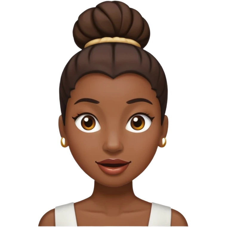 Une femme à la peau noire avec un chignon haut et les cheveux sont bruns avec un œil marron et un œil marron très très claire et une grosse bouche emoji