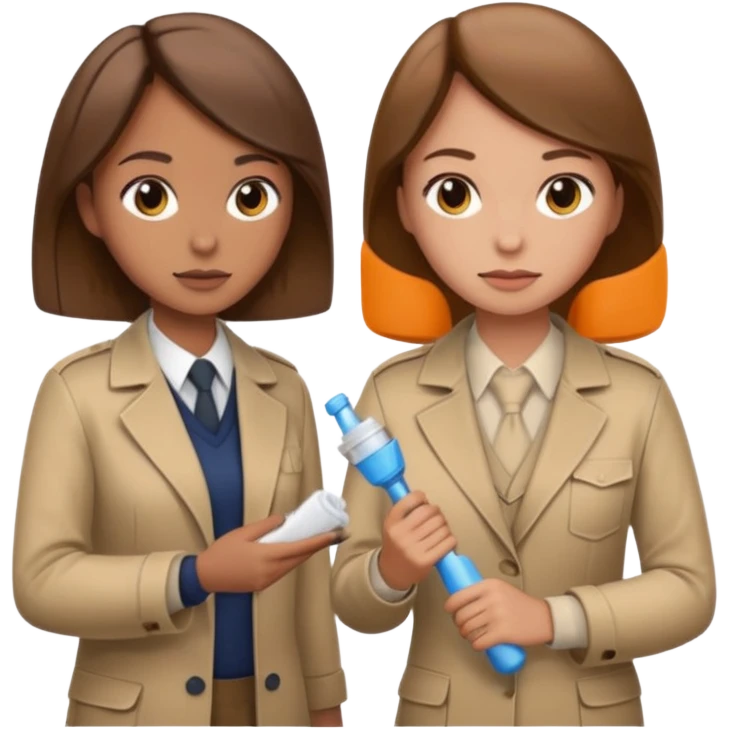 detective with beige clothing and brown hair interviewing suspect (girl) with cleaning clothing emoji