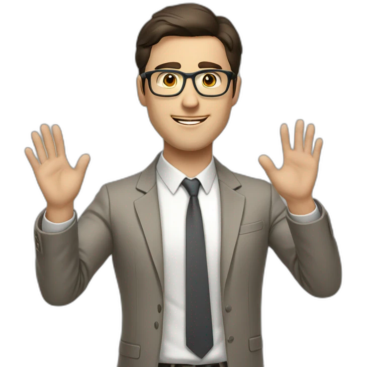 Full height Actively gesturing with hands Pale skinned fit man with dark brown hair in gray jacket, beige office shirt, brown tie, brown pants and vintage glasses. emoji