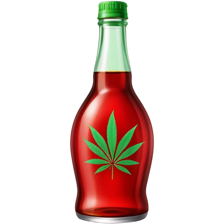 Curved red glass bottle similar to Coca-Cola style with a green cannabis leaf printed on it and a label emoji