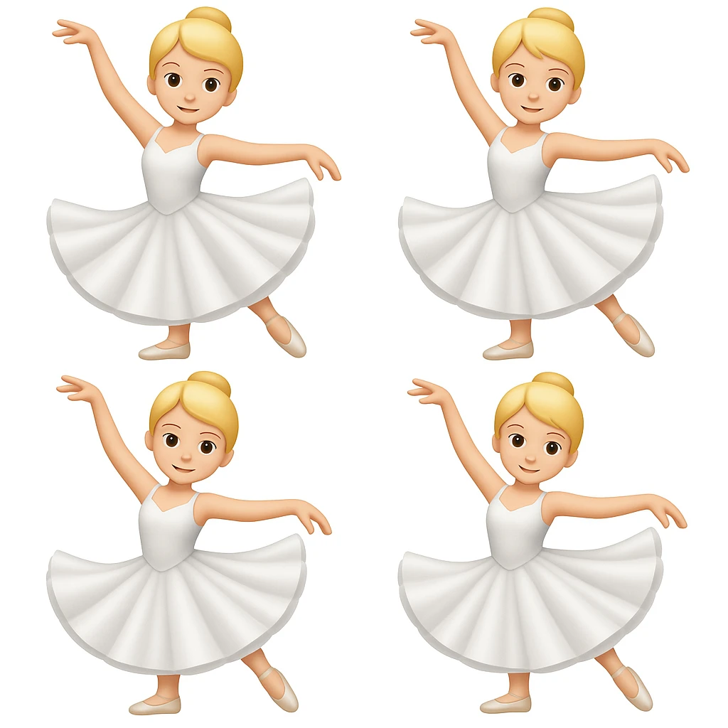 Generate more blonde female ballet dancers in white dresses, similar style and pose to the reference image, in emoji style. The style should mimic the look of apple style emojis with simple and concise features. emoji