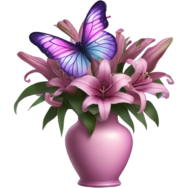 Aesthetic butterfly with purple and pink wings sitting on a dark purple bouquet of Lilies in a pastel pink vase emoji