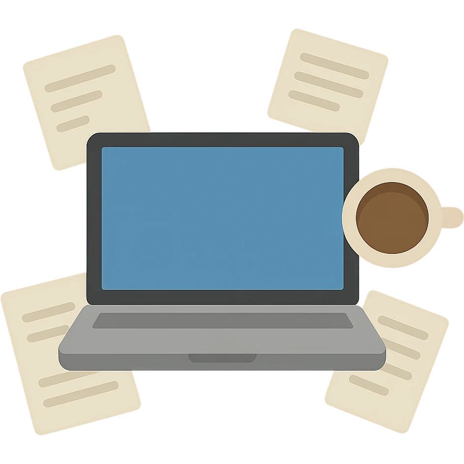 a MacBook surrounded by scattered documents and a coffee cup, flat color icon style emoji