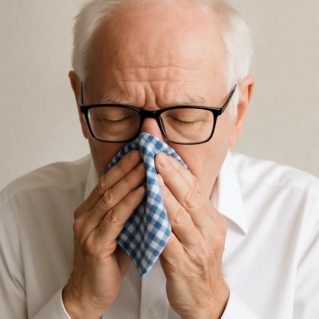 Make the handkerchief a little bit smaller while keeping the old man with white hair, white skin, black-framed glasses, wearing a white shirt, blowing his nose on the blue and white checkered handkerchief emoji