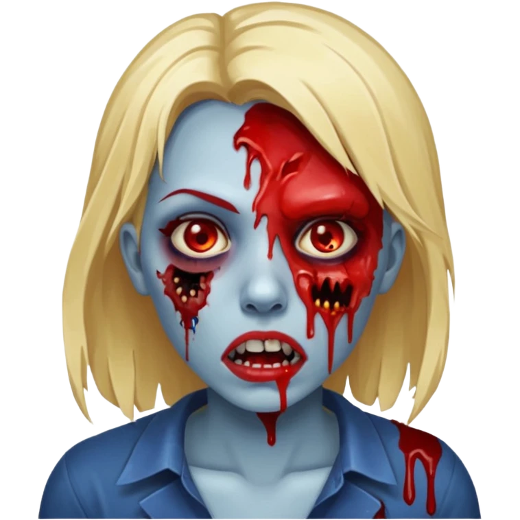zumbi feminino com cortes no rosto, olhos baixos e vermelhos, cabelo loiro e rosto azul escuro, boca e olhos sangrando cm fundl azul e mais sangues possível emoji