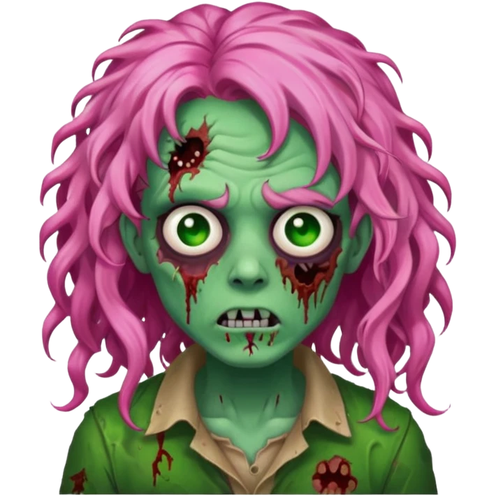 zoombie curly long pink hair, green skin emoji