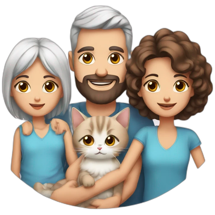 Family dad with brown eyes + mother with blue eyes + baby girl + one Persian cat emoji