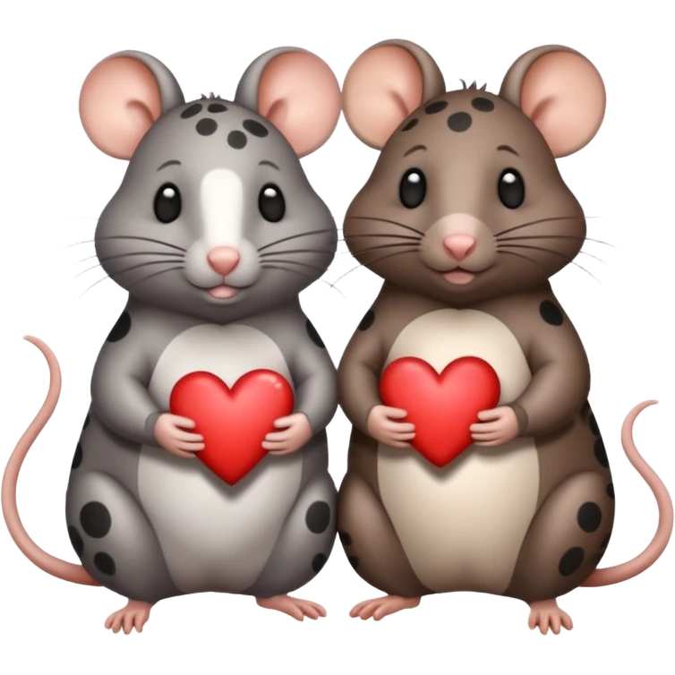 two fat little rats holding hearts one dark grey with white bigger spots the other rat warm brown without spots emoji