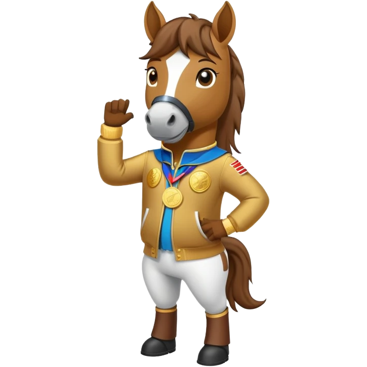 friendly anthropomorphised horse in a hip-hop outfit, wearing a gold medal emoji