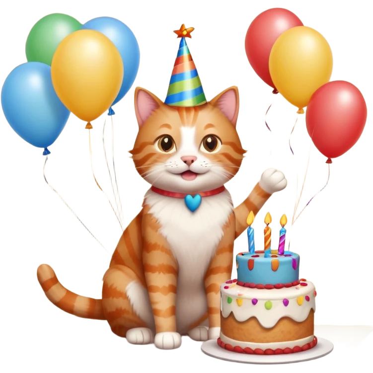 Ginger cat celebrates birthday, birthday hat, birthday cake, balloons, happy, gifts emoji