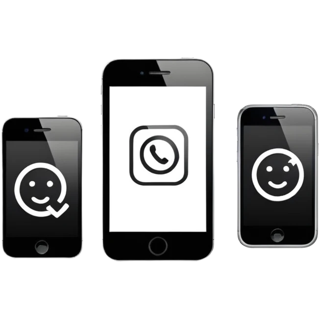 Minimalistic flat vector icon, iOS style, thin black contour on white background. Three small developer silhouettes around a smartphone with code brackets <>. Clean, no text, no shadows emoji