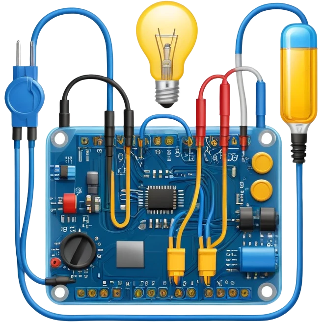 An icon featuring circuit boards, glowing wires, and a multimeter, symbolizing electrical engineering. The design includes a light bulb, voltage symbols, and electric currents flowing through components, representing the study and application of electricity. Transparent background emoji
