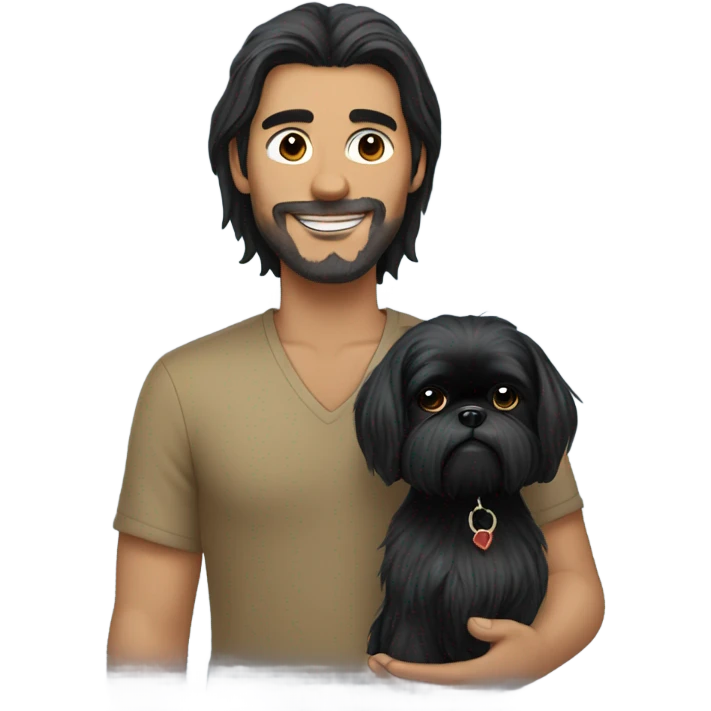 Guy with long black hair holding a black shih tzu emoji