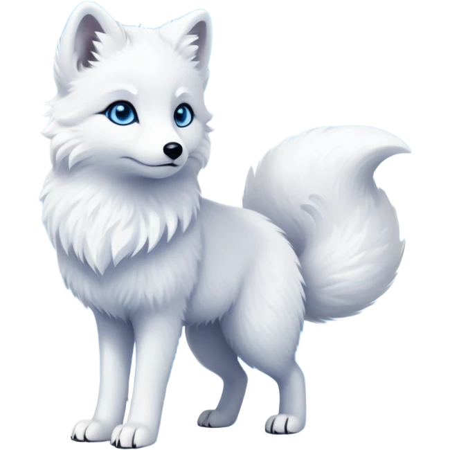 cinematic-arctic-fox-realistic-full-body-standing-emoji,-fluffy-tail-curled-slightly-around-its-white paws,-thick-pure-white-fur-blending-into-the-snowy-landscape,-head-tilted-dramatically,-bright-blue-eyes-glistening-with-intelligence,-simplified-yet-realistic-focused-features,-highly-detailed,-glowing-with-an-almost-sarcastic-glow expressive eyes emoji