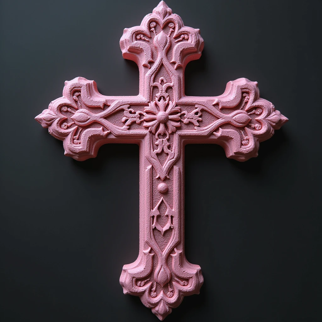 realistic gothic cross, pink with lace, photorealistic style, no background emoji
