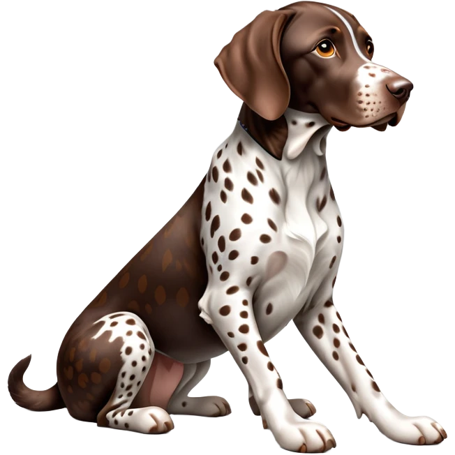 cinematic-[spotted german pointer]-realistic-full-body-sitting-emoji,-tail-resting-loosely-beside-its-paws,-head-tilted-dramatically,-sleek-[brown spotted]-fur,-simplified-yet-realistic-focused-features,-highly-detailed,-glowing-with-an-almost-sarcastic-glow emoji