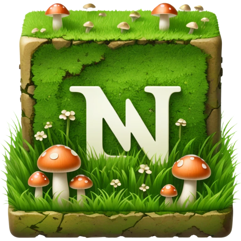 Notion logo as a square block covered in grass with small mushrooms growing on it, letter N visible emoji