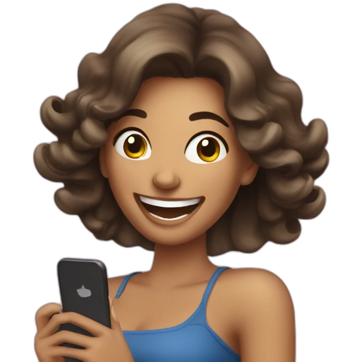 beautiful woman laughing while looking at her cell phone emoji