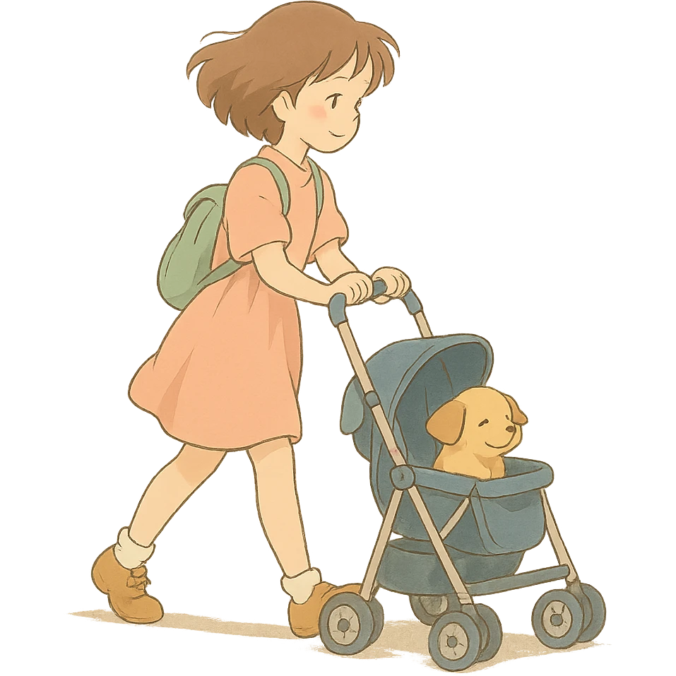 girl walking a dog in a stroller with soft colors emoji