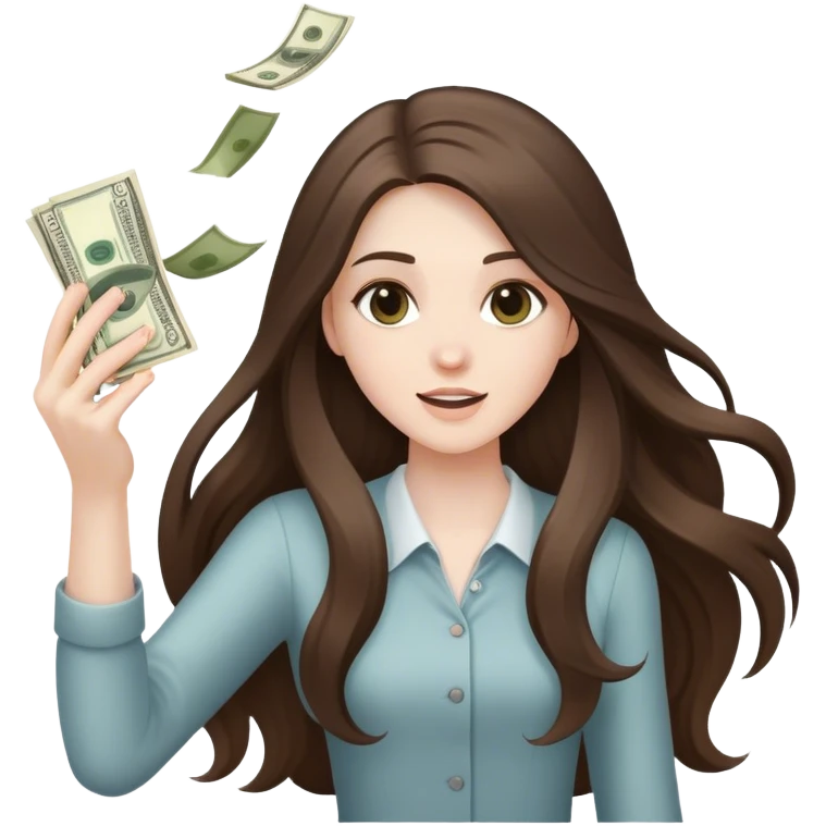 beautiful pale brunette girl with long hair throwing money emoji