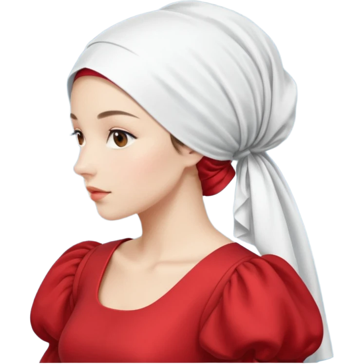 mujer de perfil con un vestido rojo de manga y falsas largas y voluptosas, y una toca blanca que cubre su cara emoji