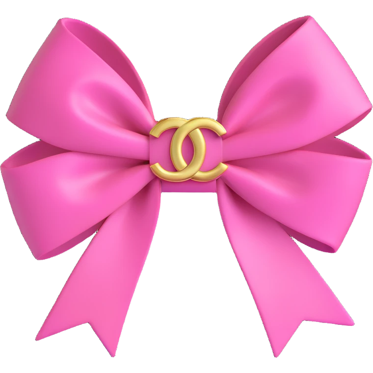 Add a gold Chanel logo to the Chanel-inspired pink bow, keep it shiny, elegant, 3D emoji style. emoji