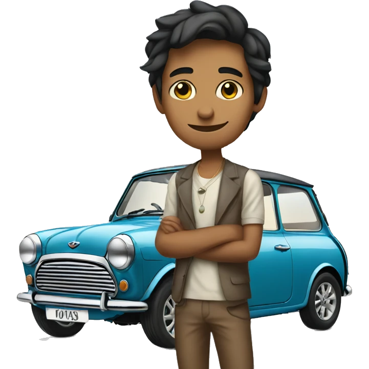 slender indian boy standing next to a mini cooper emoji