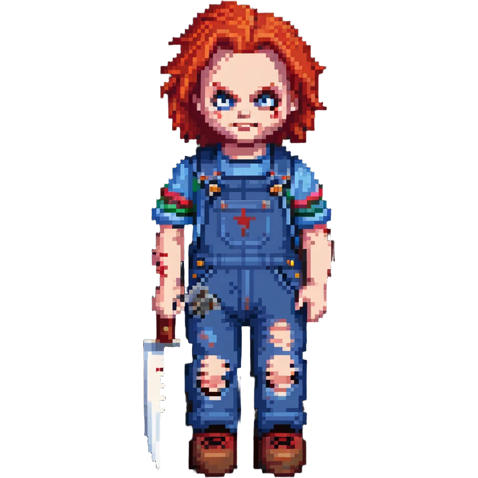 Chucky doll from Child's Play horror movie with red hair, scarred face, blue overalls and a knife emoji