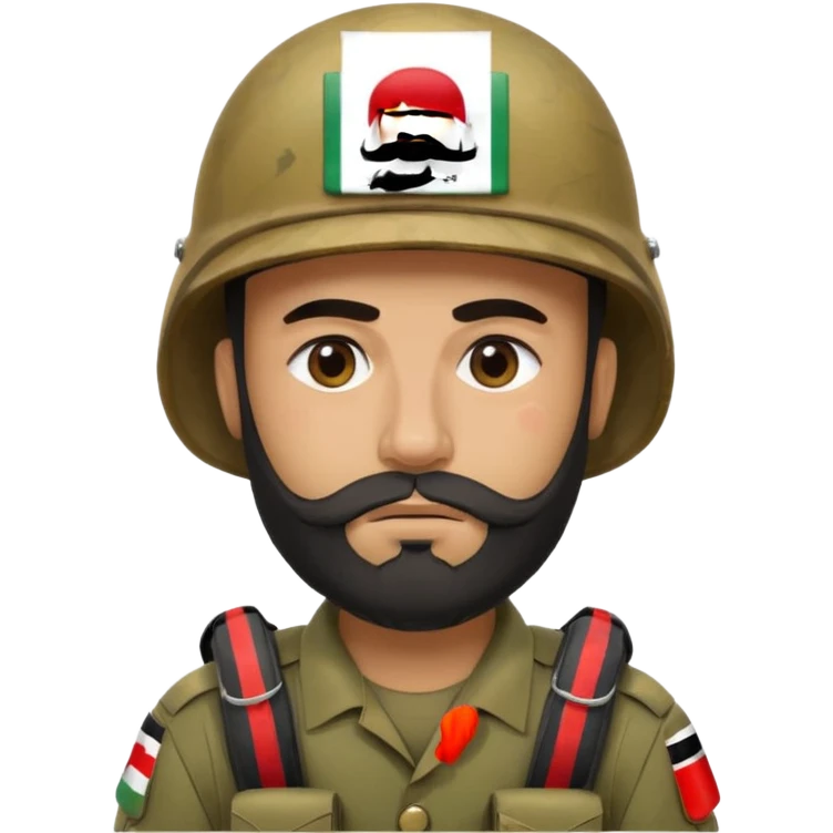 A tired and sad, swarthy Iraqi soldier with a beard, an Iraqi flag on his helmet, a sad expression and bags under his eyes emoji