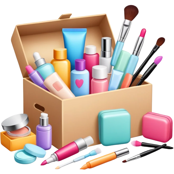 a beauty subscription box with various cosmetics and skincare items spilling out emoji