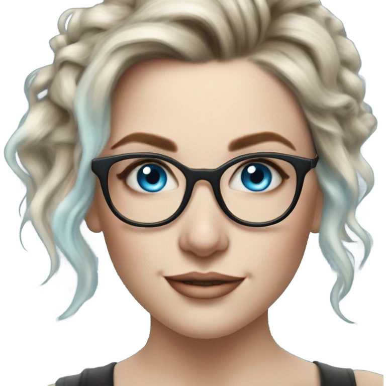 Hyper Realistic Balayage pale beautiful tattooed woman with glasses and blue eyes happy  emoji