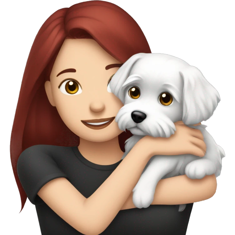 Dark red hair girl hugs  her maltese black dog emoji