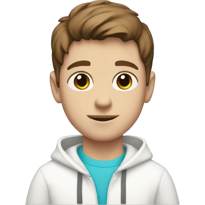 White boy, with brown hair and brown eyes. He wears a white sweatshirt with a cyan heart in the right corner.  emoji