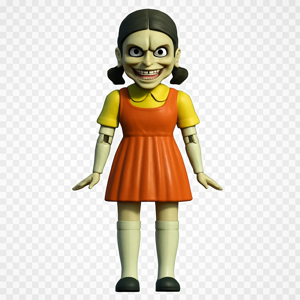 Modify the expression to be scary with wide, intense eyes, furrowed brows, and a sinister, unsettling smile. Keep the style and character the same, only change the eyes and mouth. emoji